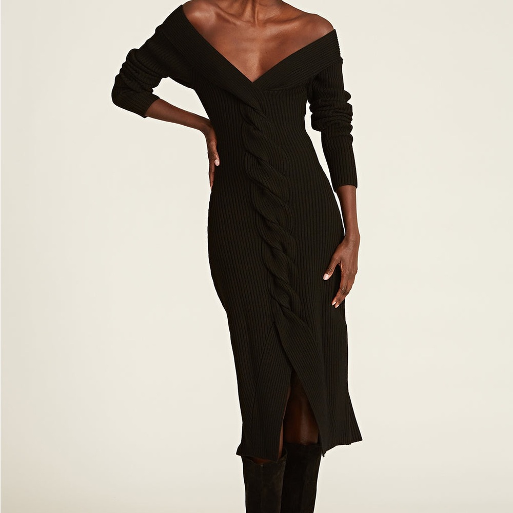 AMUR Trianna Off Shoulder Wool Black Ribbed Knit midi Dress